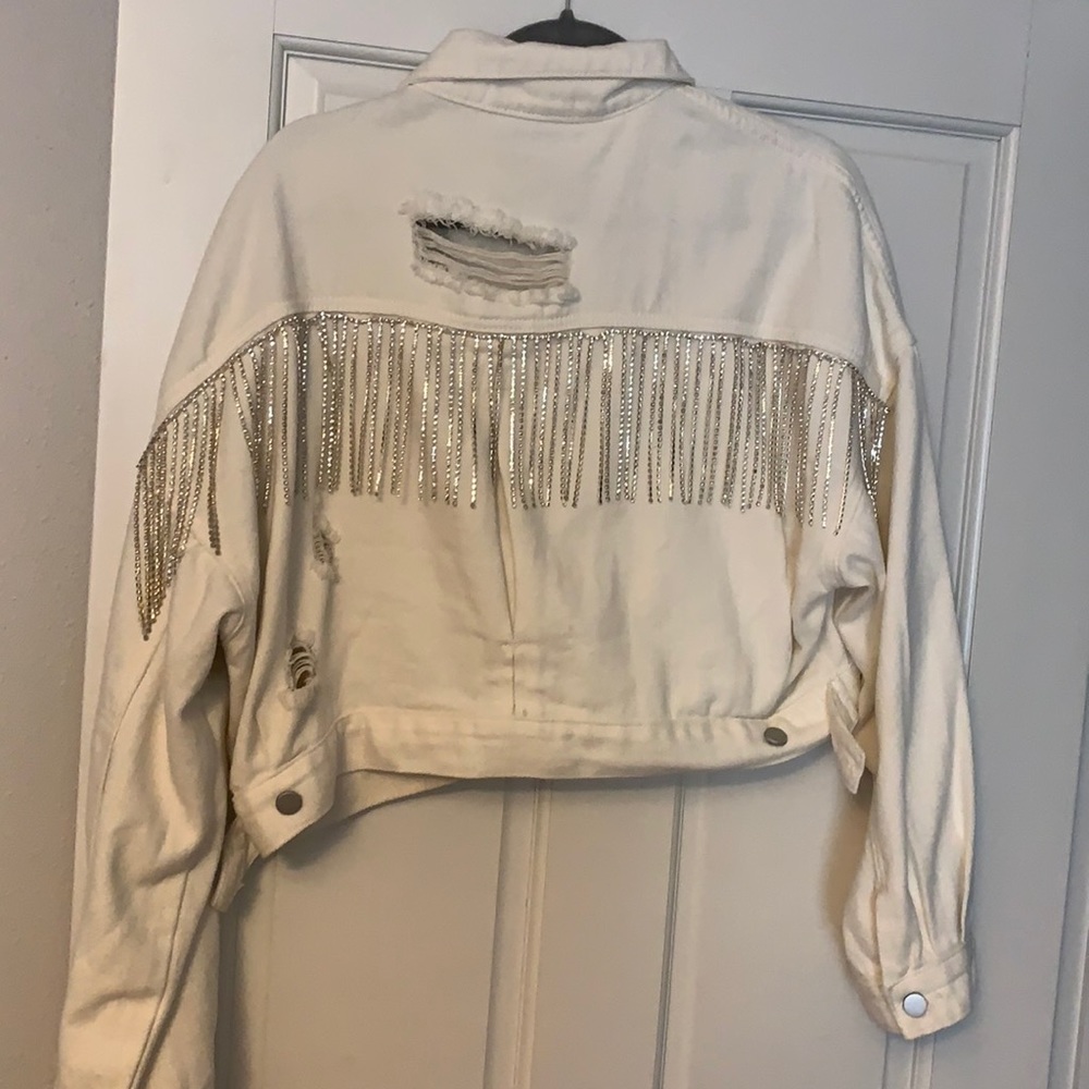Distressed White Crop denim jacket with rhinestones